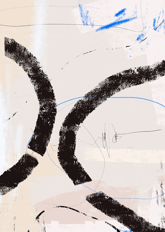  – Målning med tjocka, abstrakta linjer i blått och svart på en beige bakgrund med färgstruktur