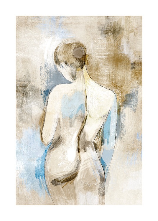  – Målning av en naken kvinna sedd bakifrån, på en blå och beige bakgrund