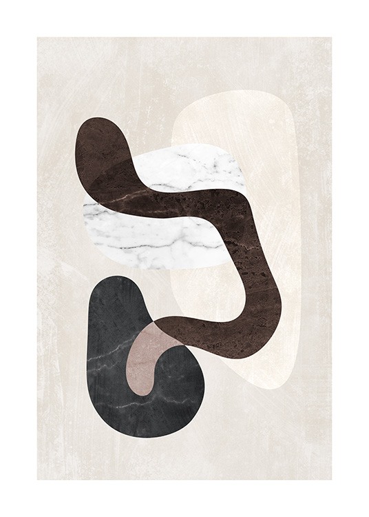 – Grafisk illustration med abstrakta former i beige, svart, vitt och brunt med marmorstruktur