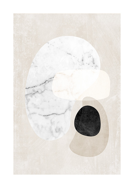  – Grafisk illustration med abstrakta marmorformer i vitt, svart och beige på en beige bakgrund