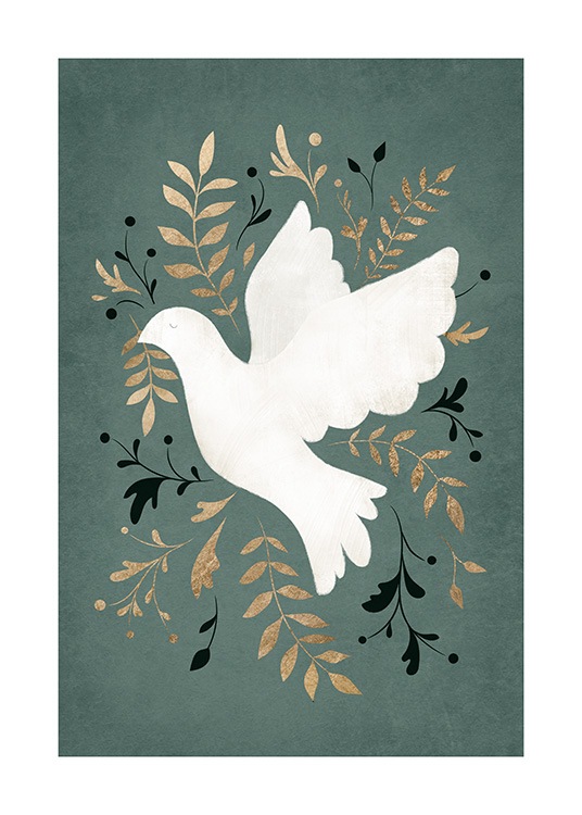 – Illustration av en vit fredsduva och blad i guld och svart på en grön bakgrund