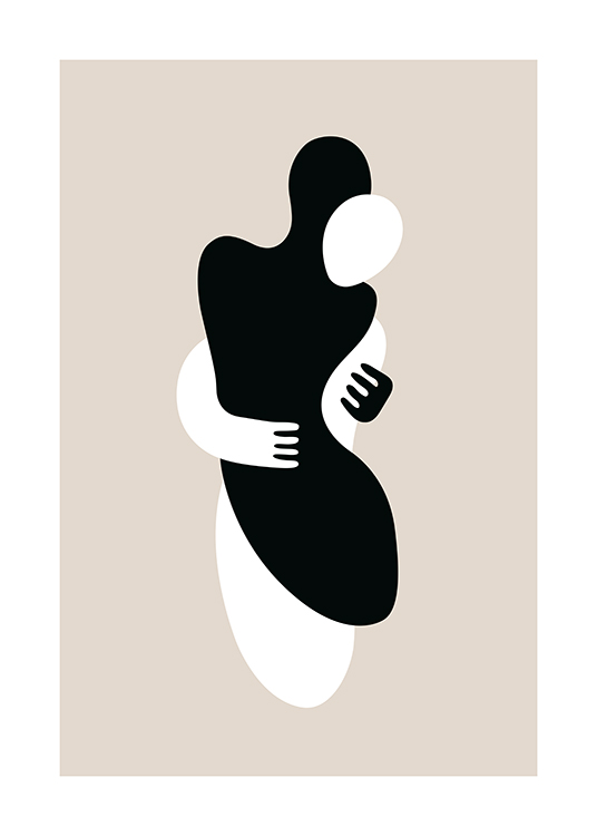  – Grafisk illustration av en svart och en vit figur i en omfamning, mot en beige bakgrund