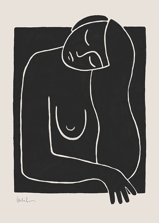  – Grafisk illustration i line art av en naken kvinnas överkropp ritad i svart och vitt på en beige bakgrund