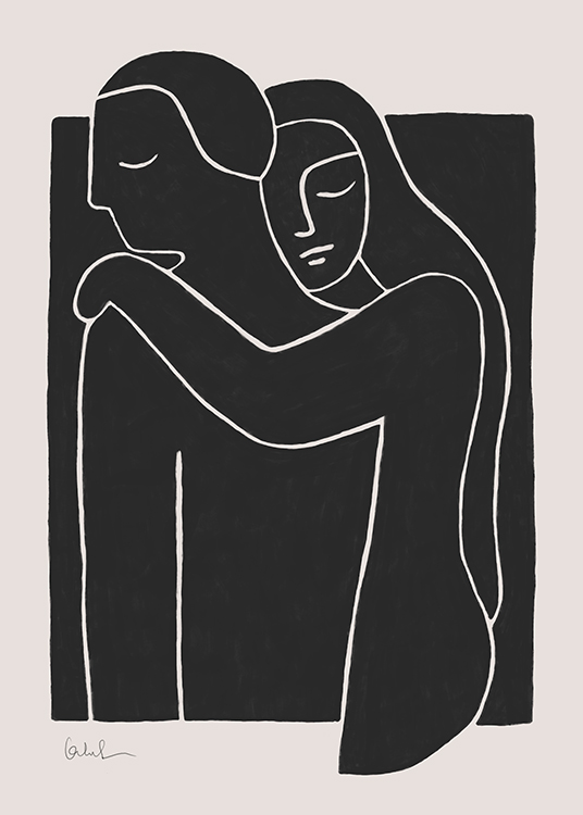  – Grafisk illustration med två personer i en omfamning ritade i vitt, fyllda med svart, på en beige bakgrund