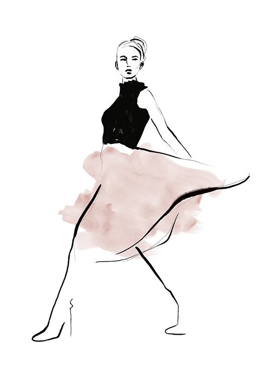  – Illustration av en kvinna i en rosa kjol och ett svart livstycke mot en vit bakgrund