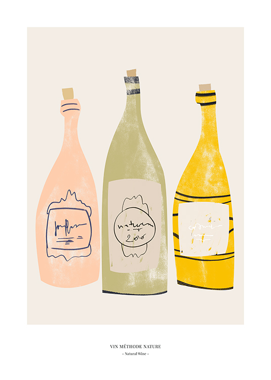  – Grafisk illustration av rosa, gröna och gula vinflaskor på en beige bakgrund och text längst ner
