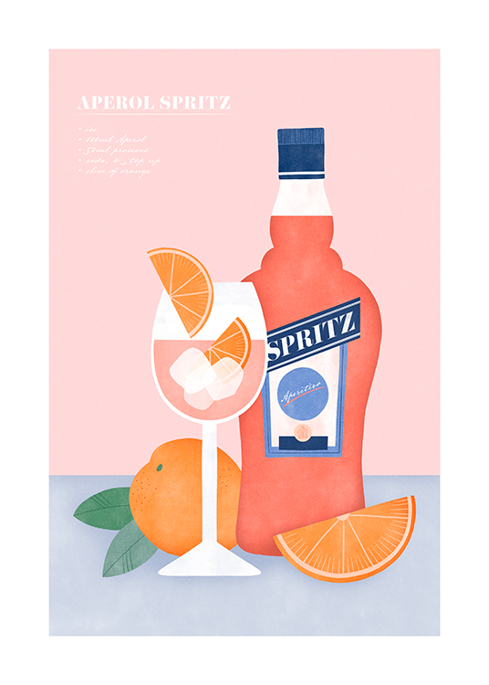  – Grafisk illustration av en Aperol Spritz och apelsiner på en blå och rosa bakgrund med ett recept längst upp