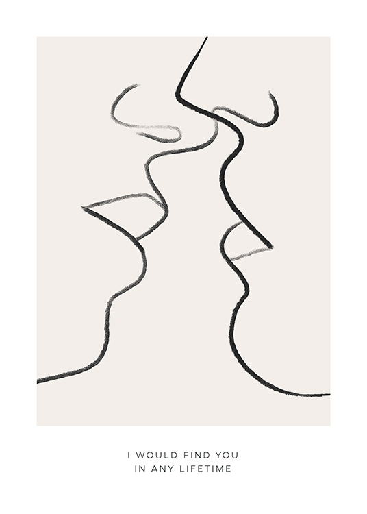  – Illustration med två ansikten i line art på väga att kyssas, i svart på en beige bakgrund och text undertill