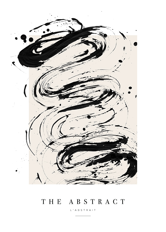  – Målning med abstrakta färgstänk i svart på en beige bakgrund och text under