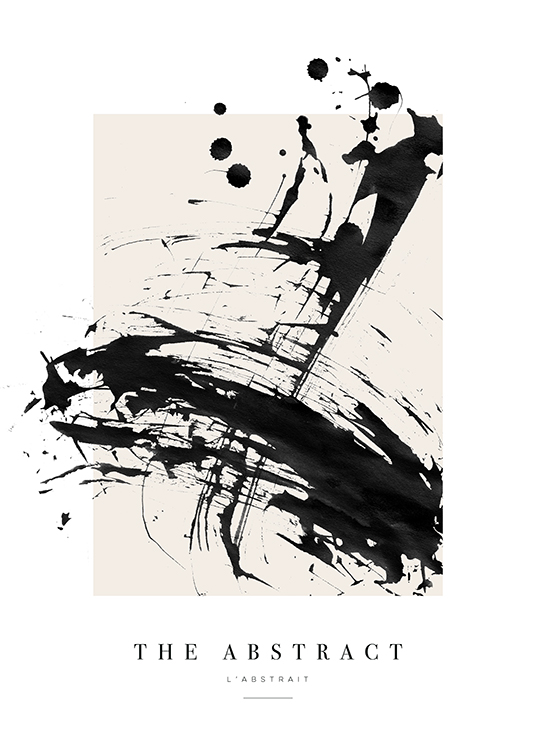 – Målning med abstrakta, svarta färgstänk mot en beige bakgrund och text nedtill