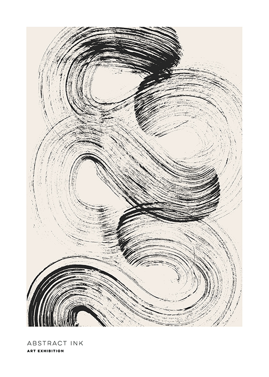  – Målning med ett penseldrag i svart som virvlar tvärs över en beige bakgrund med text under