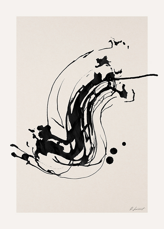  – Målning med en abstrakt figur i svart, stänkt färg på en beige bakgrund