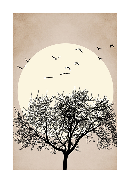  – Grafisk illustration av ett stort, svart träd med fåglar ovanför och en gul sol i bakgrunden