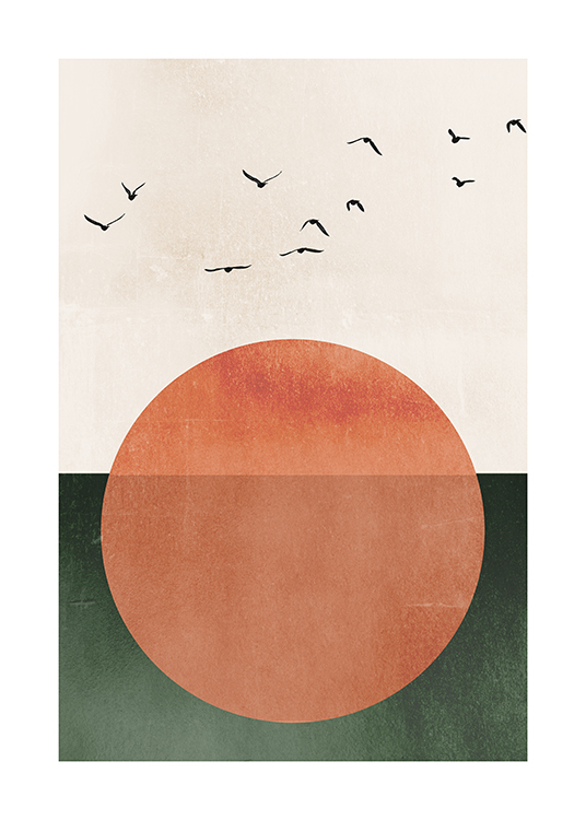  – Grafisk illustration av en stor, orange sol med fåglar ovanför, mot en bakgrund i beige och grönt