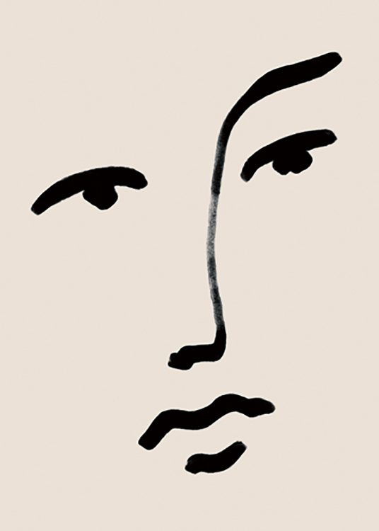  – Illustration med ögon, en näsa och läppar i svart line art mot en beige bakgrund