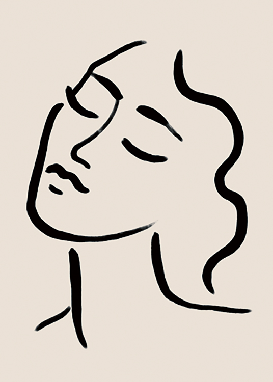  – Illustration av en kvinna ritad i svart line art med slutna ögon, på en beige bakgrund