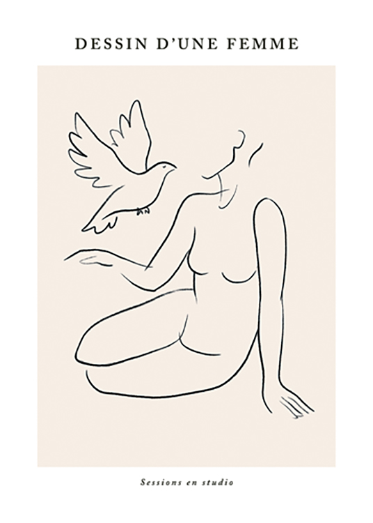  – Illustration i line art av en sittande kvinna och en duva, med text ovanför och under