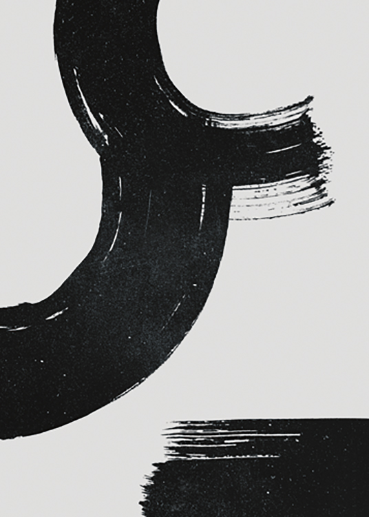  – Abstrakt målning med svarta, tjocka penseldrag med vita fläckar, på en grå bakgrund