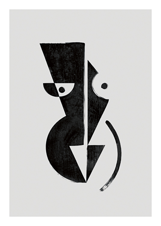  – Grafisk illustration med en svart, abstrakt kropp gjord av geometriska former mot en grå bakgrund