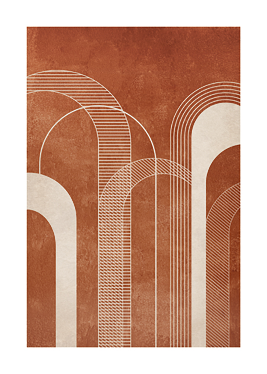  – Grafisk illustration med ljusbeige bågar med linjer, på en ojämn terrakottabakgrund