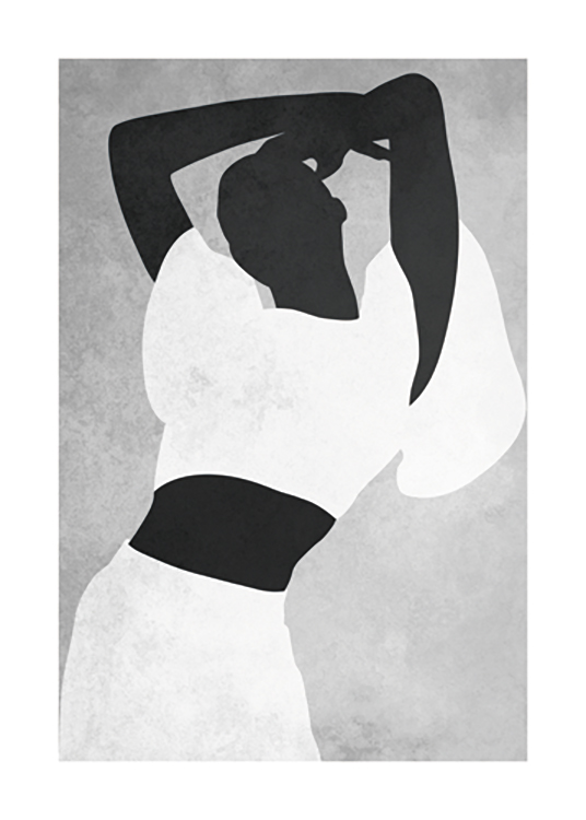  – Grafisk illustration av en kvinna i vita kläder med armarna ovanför huvudet, mot en grå bakgrund
