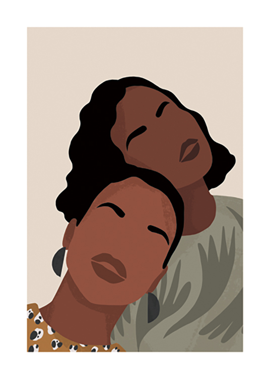  – Grafisk illustration med två kvinnor med mönstrade toppar och svart hår som lutar sig mot varandra