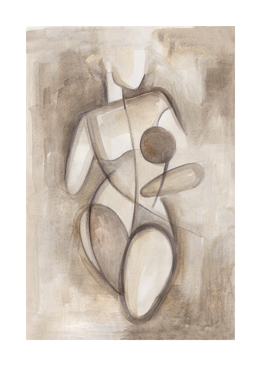  – Akvarellskiss i beige och brunt av en naken, kvinnlig kropp ritad med block