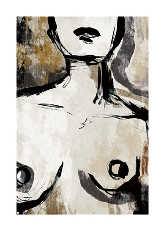  – Illustration av en kvinnas nakna bröst och hals i beige och svart mot en brun och beige bakgrund