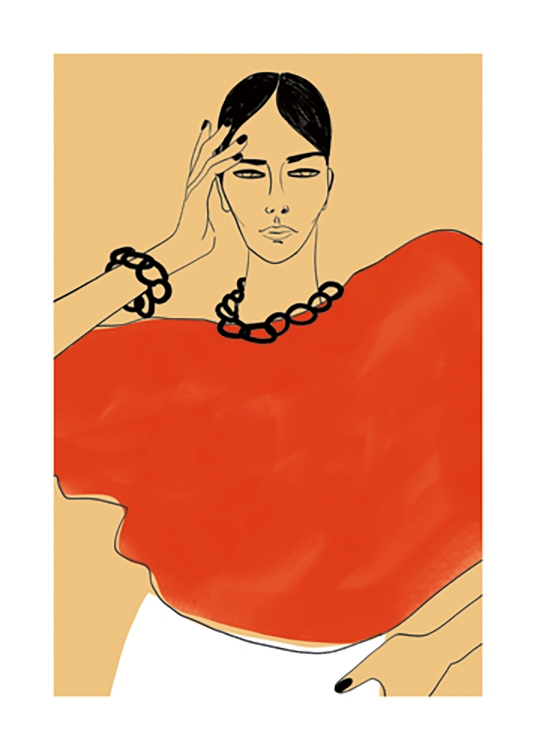  – Grafisk illustration av en kvinna med handen mot tinningen, klädd i en röd blus och svarta smycken
