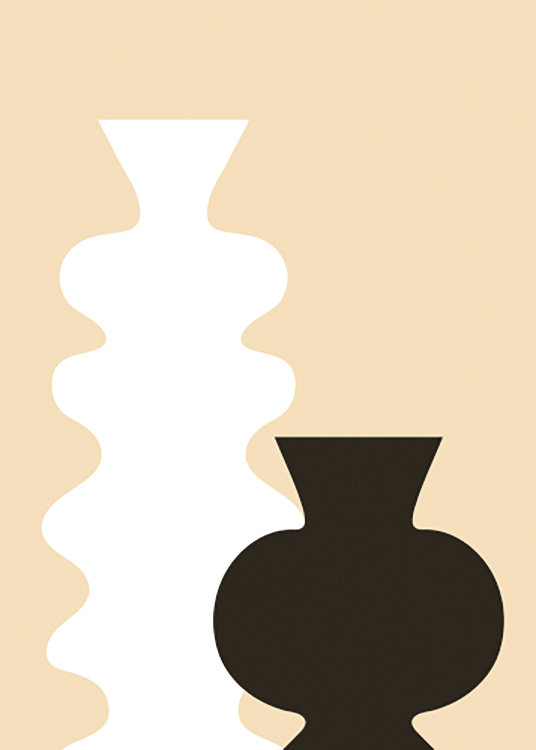  – Grafisk illustration av en svart och en vit vas med mjuka silhuetter, på en gul bakgrund