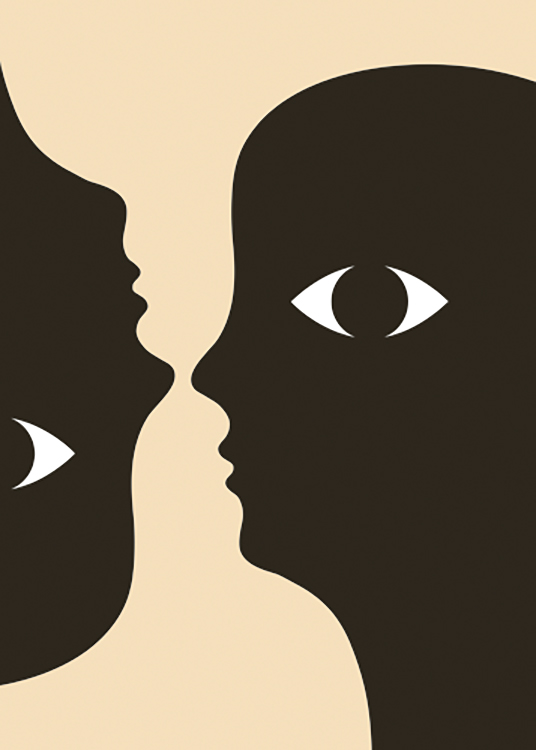  – Grafisk illustration av ett par svarta ansiktssilhuetter med ögon på sidorna, på en gul bakgrund