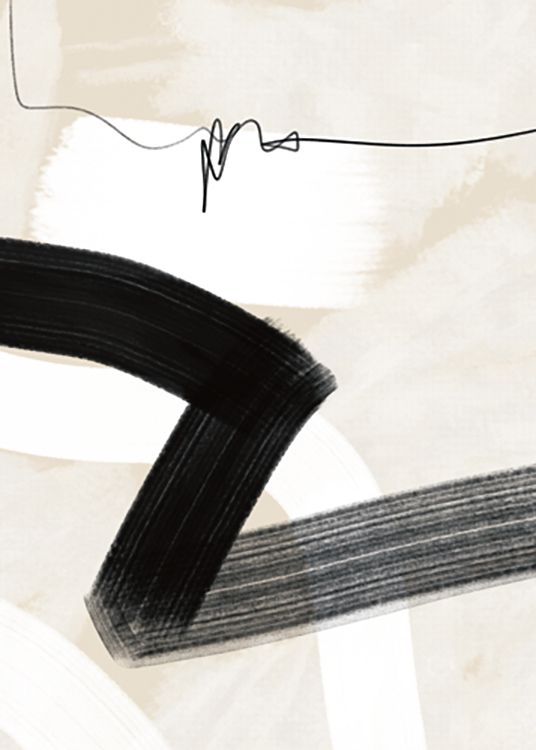 – Grafisk illustration med svarta och vita penseldrag och en svart linje på en ljusbeige bakgrund