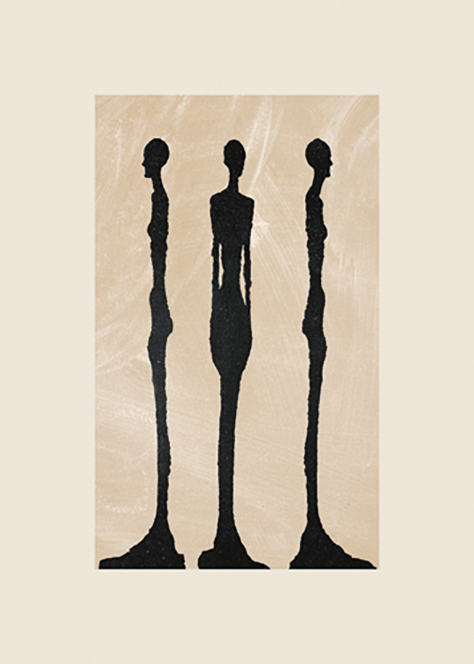 – Grafisk illustration med tre svarta skulpturer bredvid varandra mot en beige bakgrund