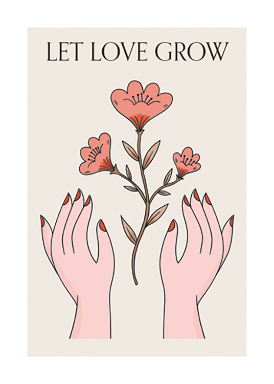  – Grafisk illustration av röda blommor mellan ett par händer mot en beige bakgrund, med text ovanför