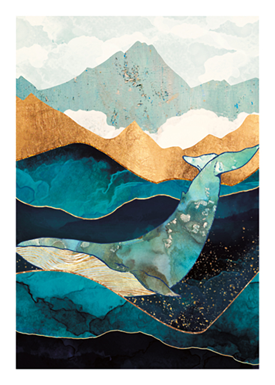  – Grafisk illustration av en val i guld och blått, omgiven av havsvågor i blått och guld