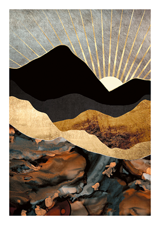  – Grafisk illustration av guldiga och svarta berg med en gyllene solnedgång i bakgrunden