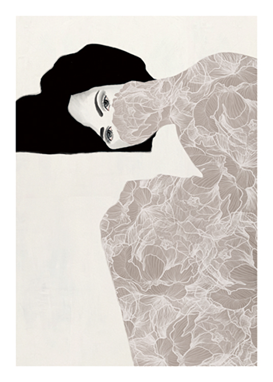  – Teckning av en kvinna med munnen och kroppen täckt av ett vitt blommönster på en beige bakgrund