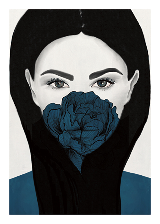  – Teckning av en kvinna med en blå pion som täcker hennes mun, mot en ljusgrå bakgrund