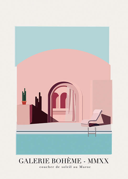  – Grafisk illustration av en pool framför ett rosa hus med text längst ner