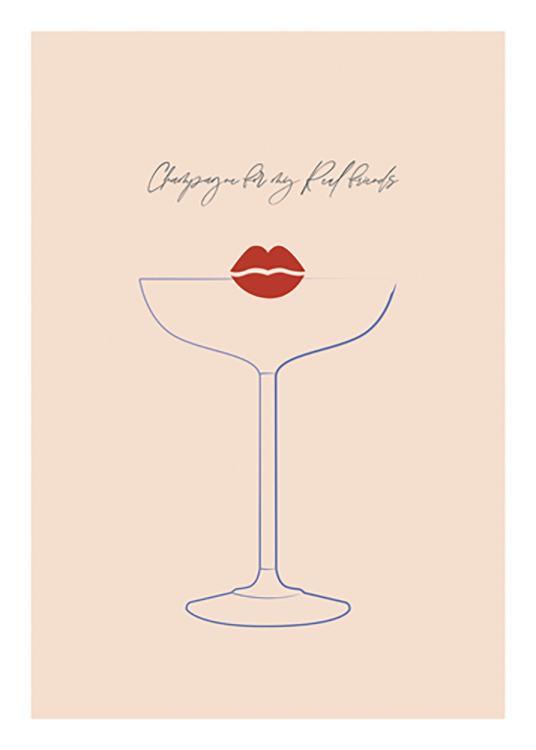  – Illustration av röda läppar och ett blått martiniglas med text ovanför, mot en beige bakgrund