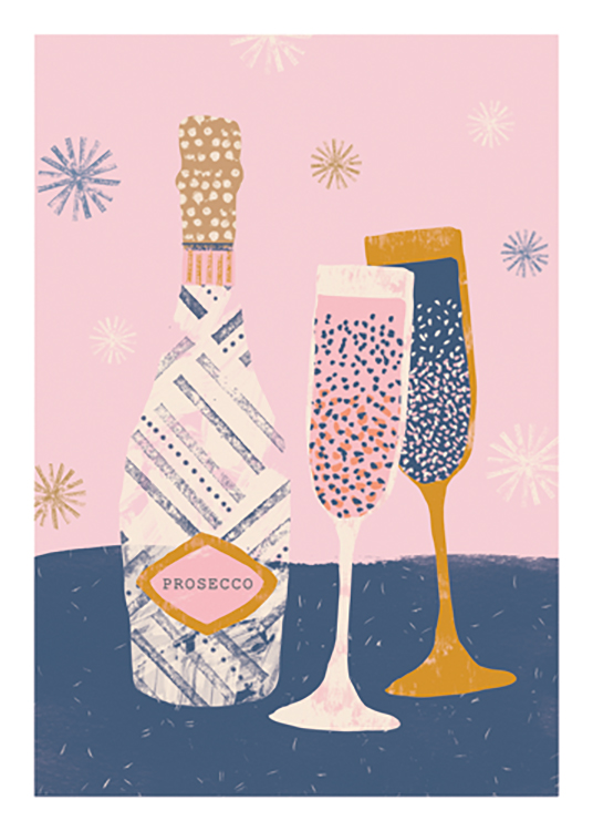 – Grafisk illustration av ett par glas och en processoflaska i rosa, blått och guld