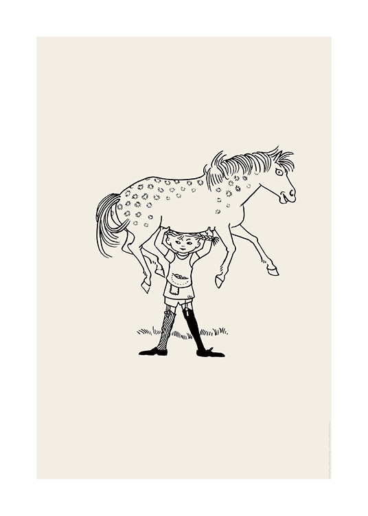  – Illustration av Pippi Långstrump som håller sin häst ovanför huvudet, ritad i svart 