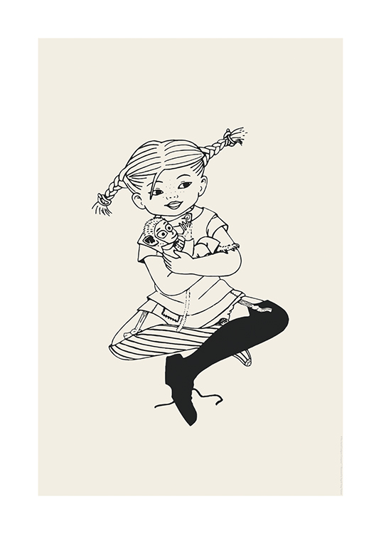  – Illustration av Pippi Långstrump som sitter med korsade ben med sin apa i famnen