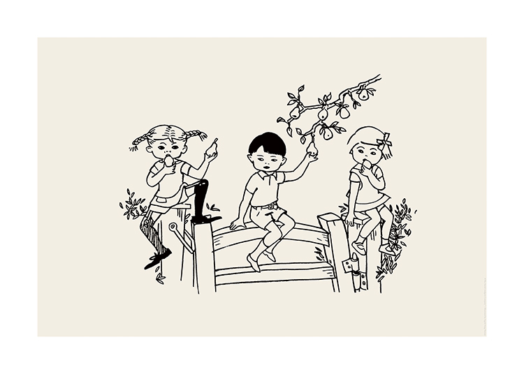  – Illustration av Pippi Långstrump, Tommy och Annica som sitter på ett staket med löv
