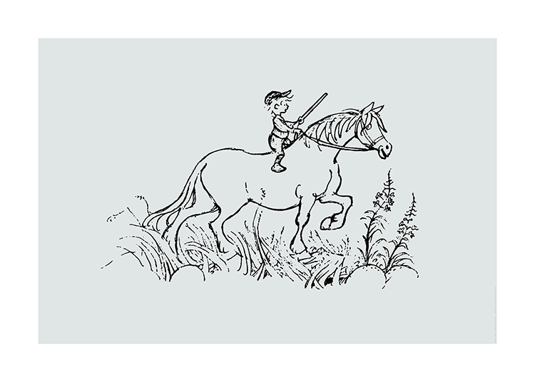  – Illustration i svart av Emil i Lönneberga som rider sin häst med bland gräs och blommor