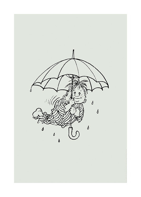  – Illustration av Karlsson på taket som flyger med ett paraply iklädd en randig pyjamas