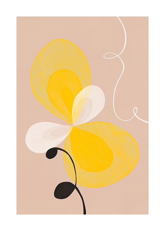  – Illustration med en gul och vit abstrakt blomma på en beige bakgrund