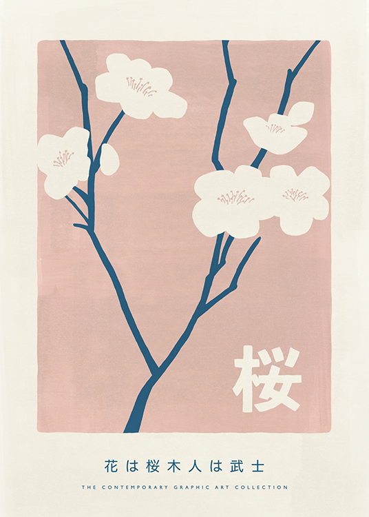  – Illustration med blommor i ljusbeige på blå stjälkar mot en rosa bakgrund, med text nedtill