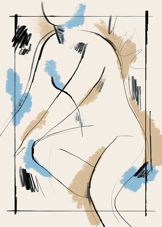  – Målning med konturer av en kropp och penseldrag i blått, svart och beige på en ljusbeige bakgrund