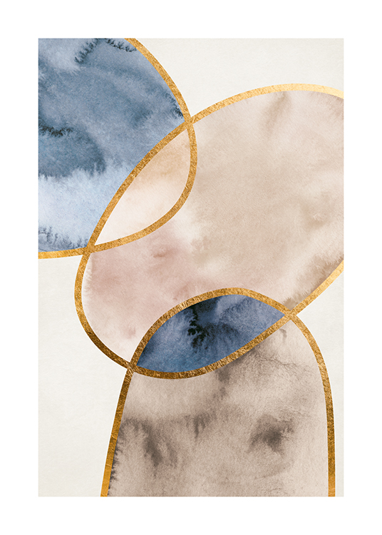  – Akvarell med abstrakta former i beige och blått, med konturer i guld, på en ljusgrå bakgrund